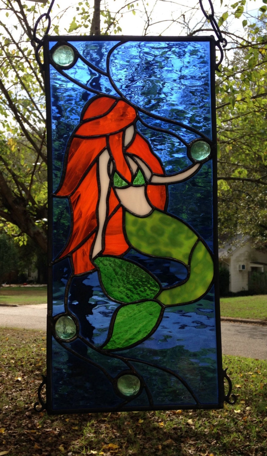 Mermaid Stained Glass Window Panel Large Suncatcher 18x8 Etsy