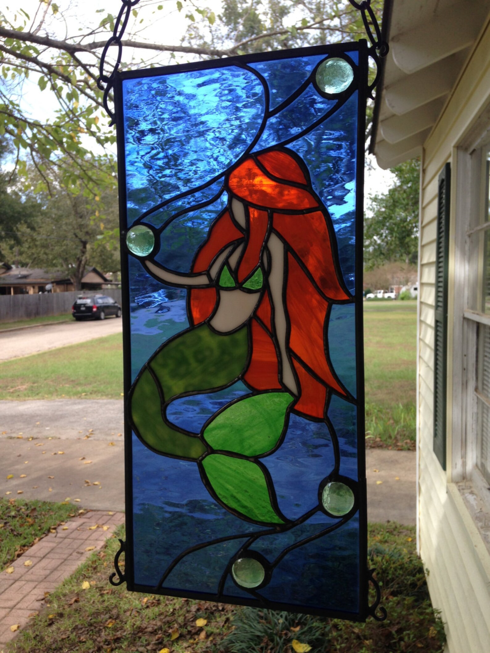 Mermaid Stained Glass Window Panel Large Suncatcher 18x8 Etsy