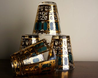 Emerald Scroll Bar Glasses Mid Century Double Old Fashioned Glassware Four (4) Huge Green Gold Double Old Fashioned Culver Barware Gold Leaf
