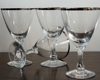 Large Wine Glasses • Wedding Ring • Fostoria • 1950s • Vintage Stemware | Barware • Silver Trim | Platinum Band • Water Goblets • Hex Stems