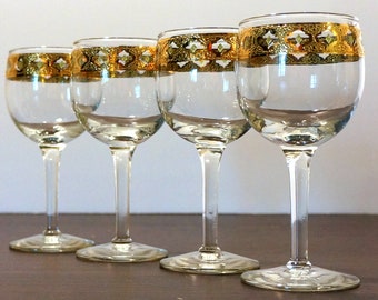 Wine Glass Set • Valencia • Culver • 1960s • Gothic Gold Filigree • Vintage Stemware • 4 Goblets • Vintage Barware • Mid Century Bar • USA