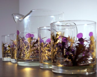 Golden Thistle Barware | Gregory Duncan 1950-tals whiskyglas och kanna | 4 Lowball-cocktailglas | Lila Cluaran | Skottland