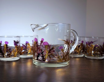 Golden Thistle • Gregory Duncan • Whiskey Set • Pitcher 4 Lowball Cocktail Glasses • Vintage Barware • Purple Cluaran • WVA Glass • Scotland