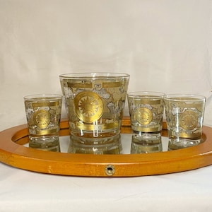 Reisen Nomade • Vintage Bar Set • Alte Weltkarten • Whisky Gläser & Eiskübel • 1980s Cera Glassware