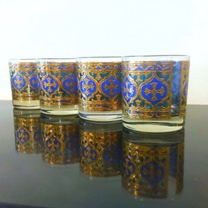 Georges Briard Glassware Gothic Cross Blue Gold Whiskey Glasses Vintage Barware 4 Firenze / Firenza Lowballs / Rocks Italian Renaissance 60s image 2