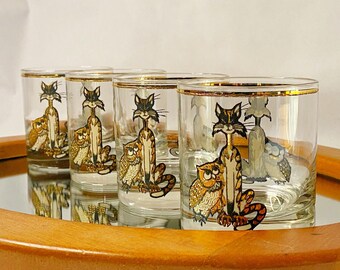 Whiskey Glasses • Owl & Pussycat • Culver Glassware • Lowball Glasses • Rare • 1960s Barware Set • Mid Century Bar • Cats • Birds • Whisky