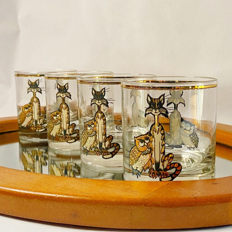 Whiskey Glasses Owl & Pussycat Culver Glassware Lowball Glasses Rare 1960s Barware Set Mid Century Bar Cats Birds Whisky image 1