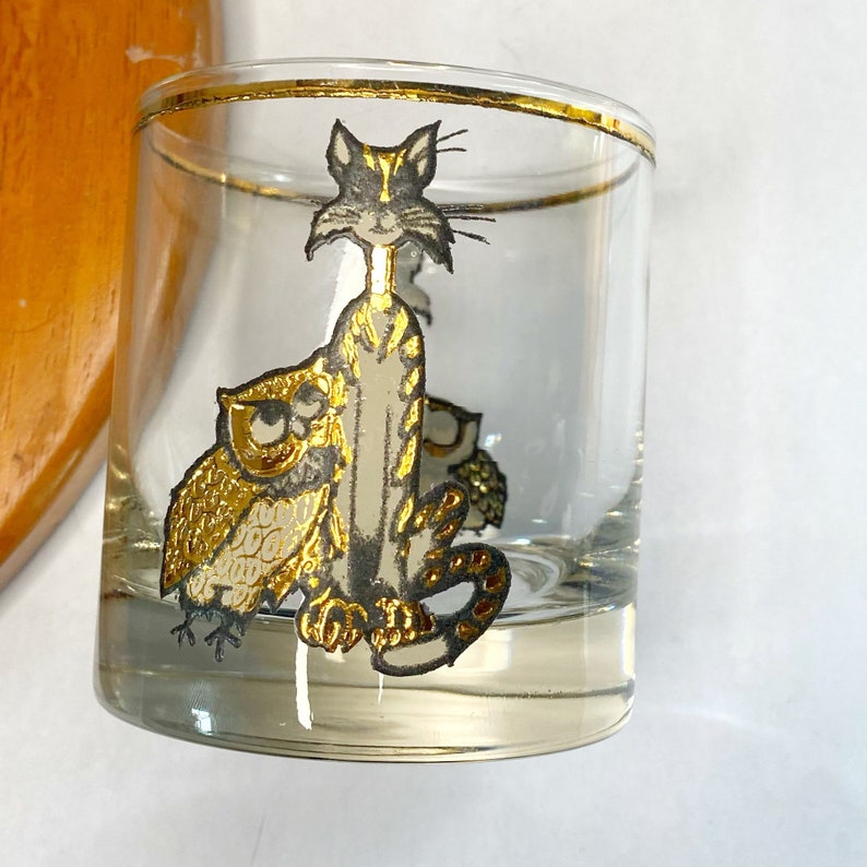 Whiskey Glasses Owl & Pussycat Culver Glassware Lowball Glasses Rare 1960s Barware Set Mid Century Bar Cats Birds Whisky image 4