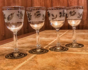 Silver Leaf • Cocktail Glasses • Dessert Wine Sherry Cordial • Retro Stemware • Frosted Panels • Vintage Barware • Libbey