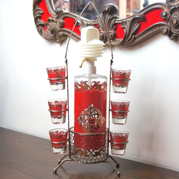 Hollywood Regency 1960s Vintage Portable Barware Set Mad Men Gold Red Baroque Pump Bottle Cocktail Shot Glasses Mid Century Libbey Starlyte