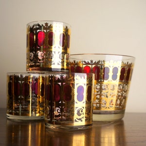 Cranberry Scroll Culver Glass Vintage Cocktail Set 22k Gold & Red Mid Century Barware Four Piece 3 Lowball Glasses / Tumblers Ice Bucket image 1