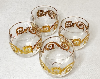 Roly Poly / Whiskey / Cocktail Glasses • 1960s • Vintage Barware • Cera Glassware • Gold Scroll • Mid Century Gothic • Holiday Table