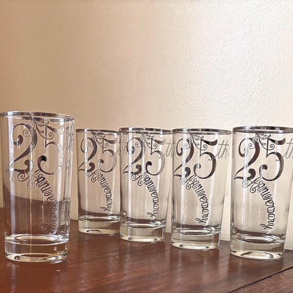 1960s 25th Anniversary Glasses  Vintage Silver Rim Highball Tumblers  Mid  Century Barware  Commemorative Glassware Set of 5