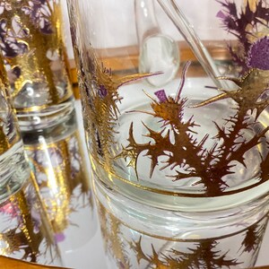 Golden Thistle Gregory Duncan Cocktail Set Pitcher 4 Highball Glasses Vintage Barware Purple Cluaran WVA Glass Scotland image 6