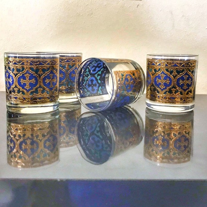 Georges Briard Glassware Gothic Cross Blue Gold Whiskey Glasses Vintage Barware 4 Firenze / Firenza Lowballs / Rocks Italian Renaissance 60s image 4