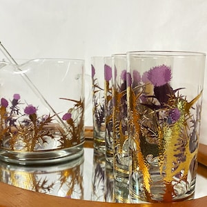 Golden Thistle Gregory Duncan Cocktail Set Pitcher 4 Highball Glasses Vintage Barware Purple Cluaran WVA Glass Scotland image 3