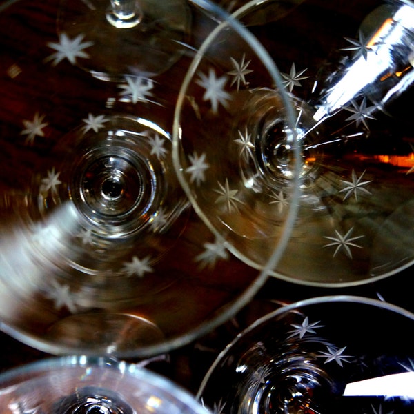 ATOMIC STARBURST Stemware Twelve (12) Mid Century Modern Martini Wine Cocktail Cut Crystal Glasses Conical Modern Mad Men Era Sleek Goblets