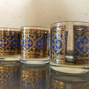 Georges Briard Glassware Gothic Cross Blue Gold Whiskey Glasses Vintage Barware 4 Firenze / Firenza Lowballs / Rocks Italian Renaissance 60s image 5