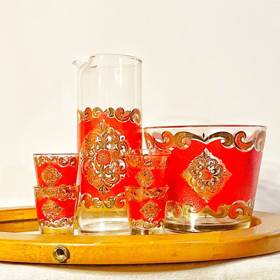 Vintage Barware • Cocktail Set • Starlyte • 1960s • Pitcher Shot Glasses Ice Bucket • Red Gold • Gothic | Baroque | Hollywood Regency | Glam