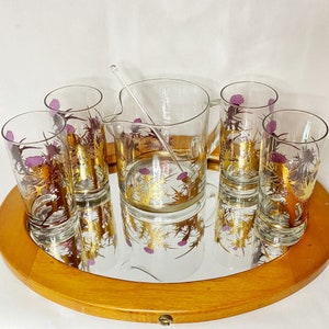 Golden Thistle Gregory Duncan Cocktail Set Pitcher 4 Highball Glasses Vintage Barware Purple Cluaran WVA Glass Scotland image 1