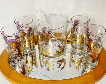 Gregory Duncan Golden Thistle Cocktailset • Kanna + 4 Highballglas • Skotskt barbehör från 1950-talet