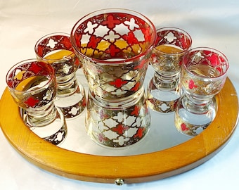 Vintage Barware • 1970s • Cocktail / Whiskey Set • Pedestal Glasses / Suburbans • Ice Bucket • Red & Gold Gothic Crosses • W Virginia Glass