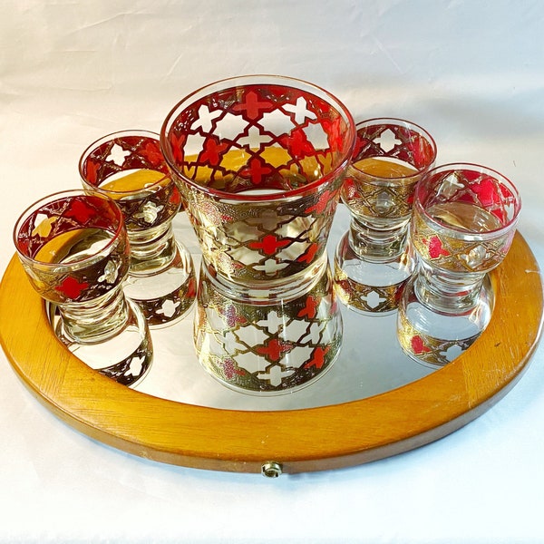 Vintage Barware • 1970s • Cocktail / Whiskey Set • Pedestal Glasses / Suburbans • Ice Bucket • Red & Gold Gothic Crosses • W Virginia Glass