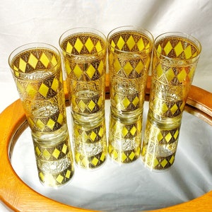 Ornate Glassware • Rainier • 1960s • Vintage Barware • Highball Glasses • Yellow Diamonds • Gothic Gold Filigree • West Virginia Glass • USA