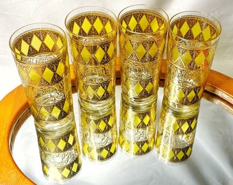 Utsmyckade glasvaror • Rainier • 1960-talet • Vintage barglas • Highballglas • Gula diamanter • Gotisk guldfiligran • West Virginia-glas • USA