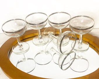 Champagne Coupes • Silver Band • 1960s • Stemware Glasses • Champagne Saucers • Vintage Barware • Mid Century Modern • NYE • Wedding Gift