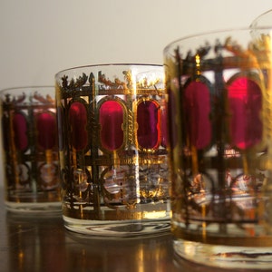 Cranberry Scroll Culver Glass Vintage Cocktail Set 22k Gold & Red Mid Century Barware Four Piece 3 Lowball Glasses / Tumblers Ice Bucket image 3