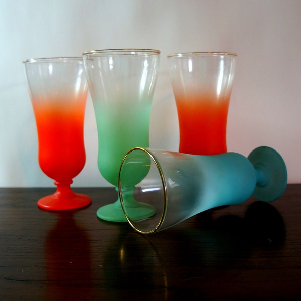 Blendo Vintage Glassware 4 Frappe Cocktail Glasses 1960s Psychedelic Neon Barware Dessert Frozen Drinks Margarita Glasses Blue Green Orange