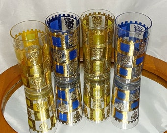 Medeltida glas • Skenande lejon • Guldvapensköld • 1960-talet • Vintage barglas • 4 highballs • Skotsk kunglig standard • Henrik VIII