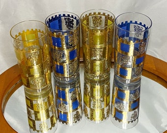 Medieval Glassware • Rampant Lion • Gold Crest Shield • 1960s • Vintage Barware Glasses • 4 Highballs • Scottish Royal Standard • Henry VIII