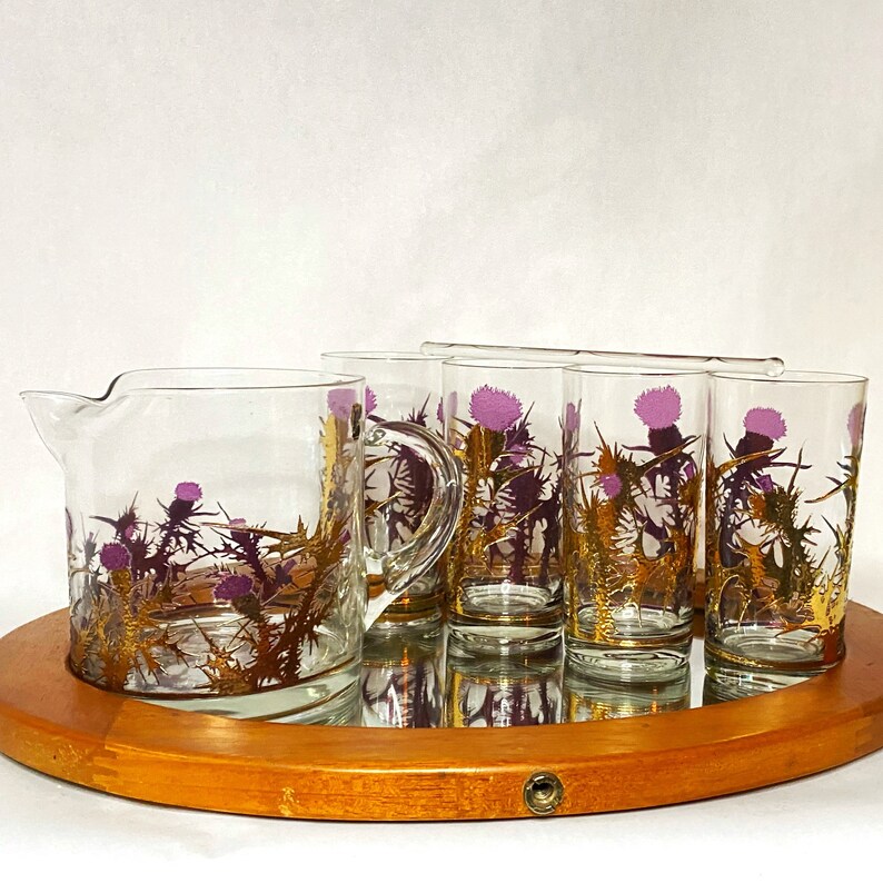 Golden Thistle Gregory Duncan Cocktail Set Pitcher 4 Highball Glasses Vintage Barware Purple Cluaran WVA Glass Scotland image 2