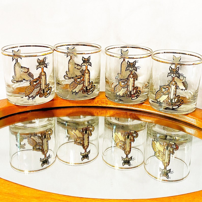 Whiskey Glasses Owl & Pussycat Culver Glassware Lowball Glasses Rare 1960s Barware Set Mid Century Bar Cats Birds Whisky image 3