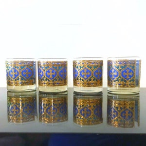 Georges Briard Glassware Gothic Cross Blue Gold Whiskey Glasses Vintage Barware 4 Firenze / Firenza Lowballs / Rocks Italian Renaissance 60s image 3