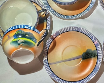 Japanese Teacup Set • 1950s China • Luster Lusterware • Swan Lake • Tea Cups Saucers • Blue Orange • Black Handle • Metallic Glaze Porcelain