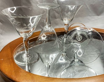 Champagne Coupes / Cocktail / Martini / Sherry Glasses • Etched Flowers • Crystal Stemware • 4oz • Vintage Barware • NYE • Morgantown Glass