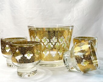 Culver Valencia • Vintage Barware • 1960s • Cocktail / Whiskey Set • Pedestal Glasses • Ice Bucket • Mid Century Bar • Gothic Gold Filigree