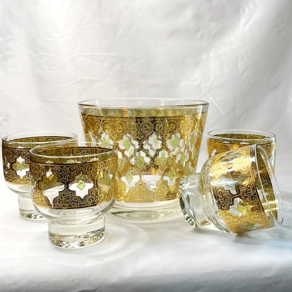 Culver Valencia • Vintage Barware • 1960s • Cocktail / Whiskey Set • Pedestal Glasses • Ice Bucket • Mid Century Bar • Gothic Gold Filigree