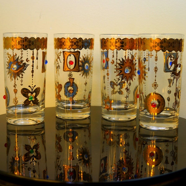 Vintage 1960s Gold Novelty Glasses 4 Unusual Barware Glasses Pictogram Tumbler Glassware Turtle Sun Moon Flowers Butterflie Donut Atomic USA