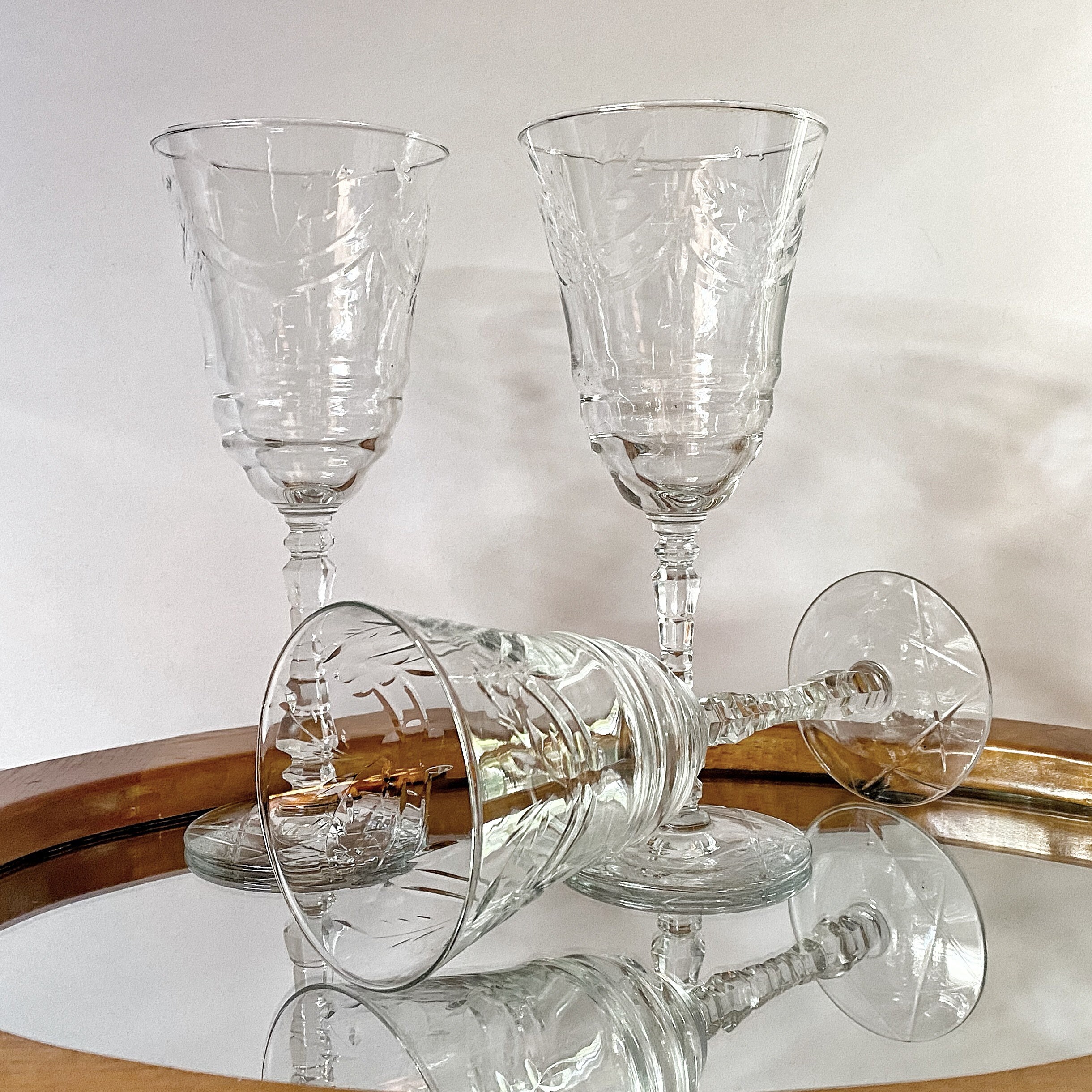 4 Vintage Etched Wine Glasses, Rock Sharpe, circa 1950's, Antique Etched Wine  Glasses ~ Water Goblets, Vintage Wedding Wine Glasses