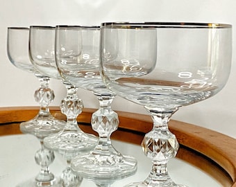 Champagne Coupe Glasses | Saucers • Fine Crystal Stemware • Platinum Silver Trim Lip • International Associates • NYE • New Years Eve