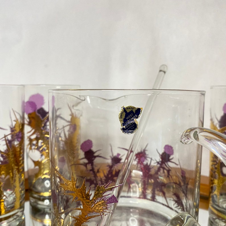 Golden Thistle Gregory Duncan Cocktail Set Pitcher 4 Highball Glasses Vintage Barware Purple Cluaran WVA Glass Scotland image 4