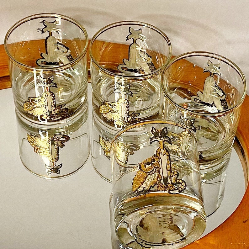 Whiskey Glasses Owl & Pussycat Culver Glassware Lowball Glasses Rare 1960s Barware Set Mid Century Bar Cats Birds Whisky image 2