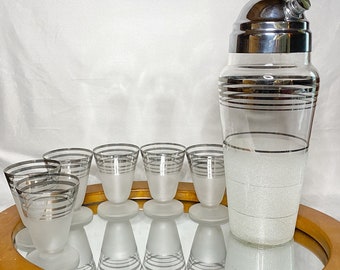 Cocktail Shaker Set • Art Deco • Frosted Glass • Silver / Platinum Stripe • 1940s / 1950s • Vintage Barware • Mid Century • Retro Martini