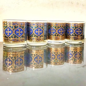 Georges Briard Glassware Gothic Cross Blue Gold Whiskey Glasses Vintage Barware 4 Firenze / Firenza Lowballs / Rocks Italian Renaissance 60s image 1