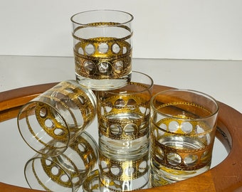 Whiskey Glasse • Low Balls • Antigua • West Virginia Glass • Crackle Gold  • Vintage Barware • 1960s • Mid Century • Hollywood Regency
