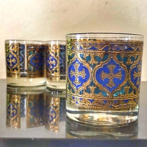 Georges Briard Glassware Gothic Cross Blue Gold Whiskey Glasses Vintage Barware 4 Firenze / Firenza Lowballs / Rocks Italian Renaissance 60s image 6